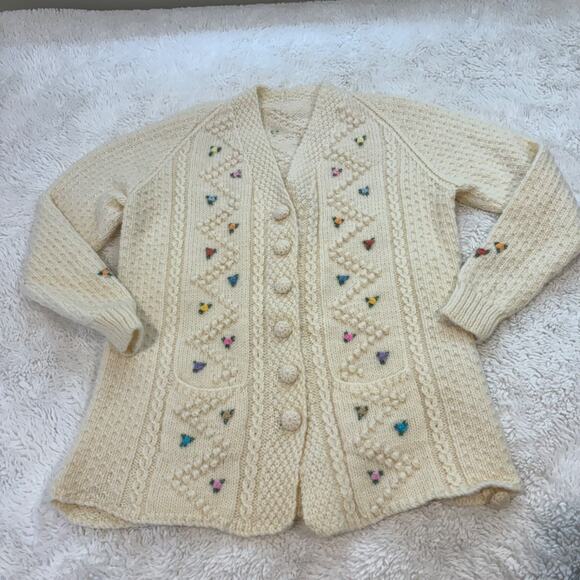 Handmade Sweaters - VTG 70's Womens Chunky Cream Floral Knit Cardigan XS Cottage Core Soft Fairy